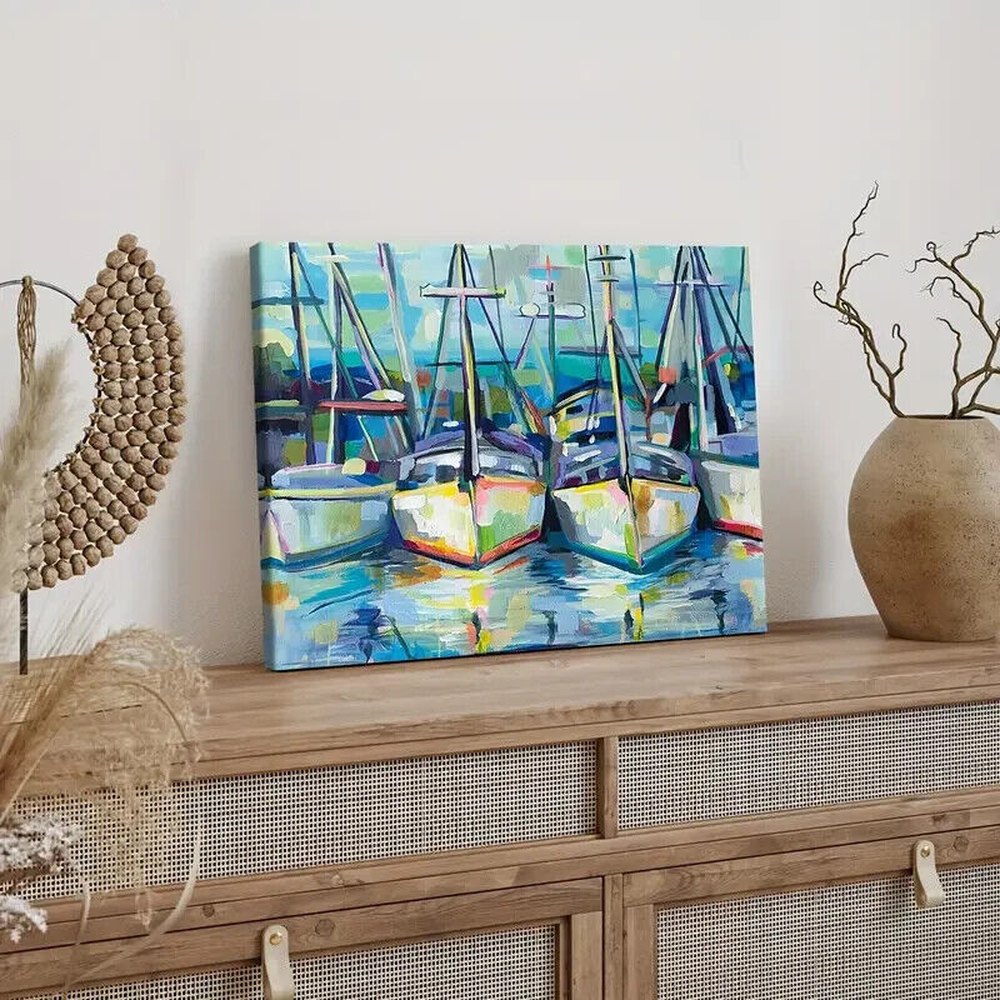 Boats In The Harbor Nautical Artistic Canvas Print Framed 12" x 16" Wall Art Home & Garden:Home Décor:Posters & Prints Style Your Walls